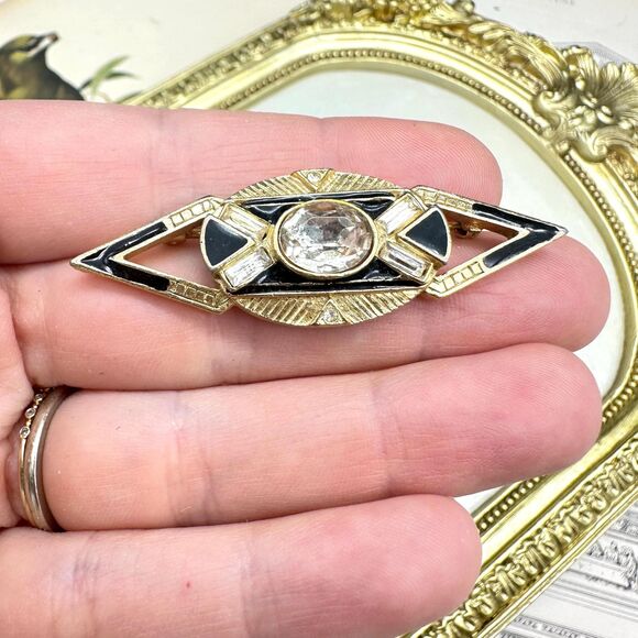 Vintage Jewelry Art Deco Black and Gold Tone Rhinestone Modern Brooch - Picture 3 of 14